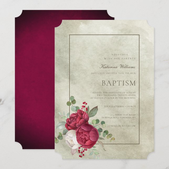 Invitación Elegantes Peonies Sage Green Watercolor Baptismo (Anverso / Reverso)
