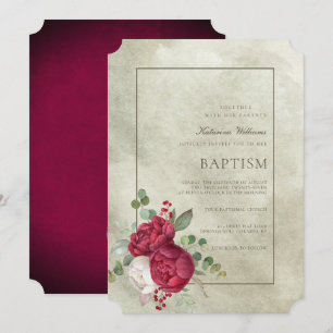 Invitación Elegantes Peonies Sage Green Watercolor Baptismo