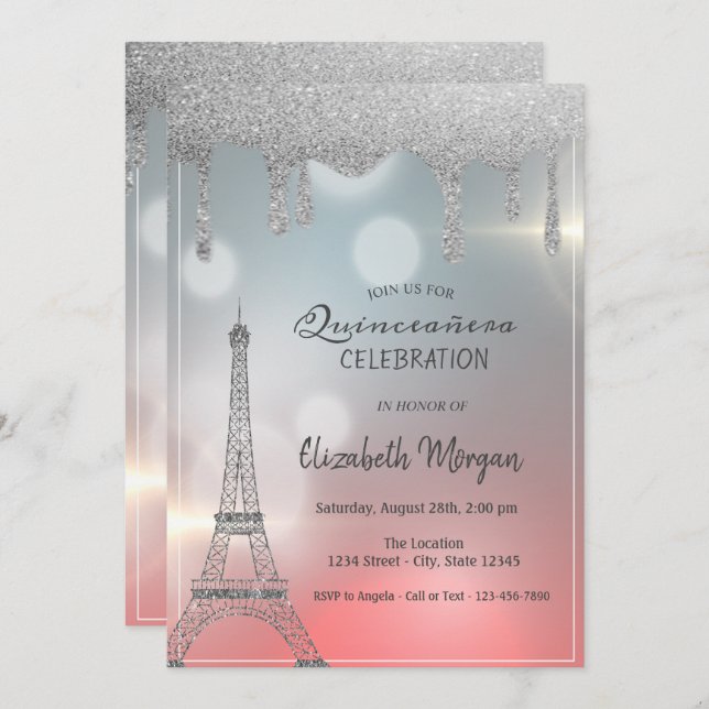 Invitación Elegantes perforaciones Purpurinas, Torre Eiffel Q (Anverso / Reverso)