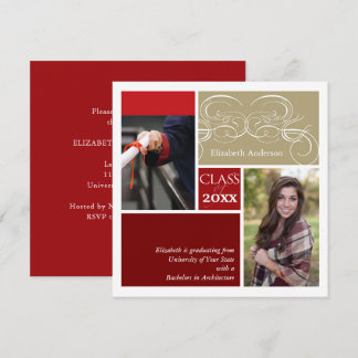 Invitación Elegantes Pergaminos Rojos Dos Fotos Fiesta de Gra