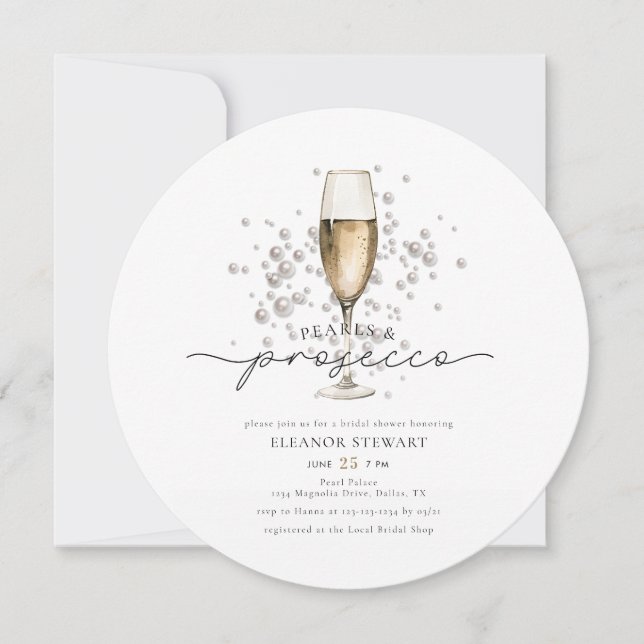 Invitación Elegantes Perlas de Oro y Ducha Bridal Prosecco (Anverso)