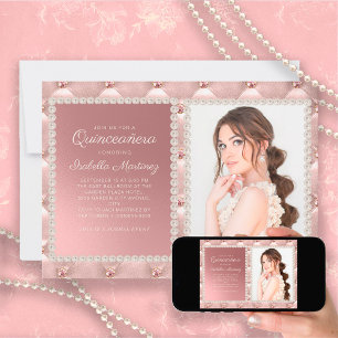 Invitación Elegantes perlas de satén rosa Joyas Foto Quinceañ