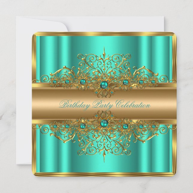 Invitación Elegantes Perlas Verde Jade Dorado Fiesta de Cumpl (Anverso)