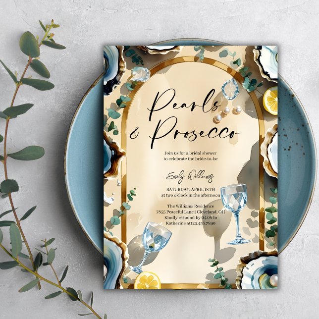 Invitación Elegantes Perlas y Prosecco Despedida de Soltera (Pearls & Prosecco Bridal Shower – Oyster, Bubbly Glasses, Luxe Arch, Personalized)