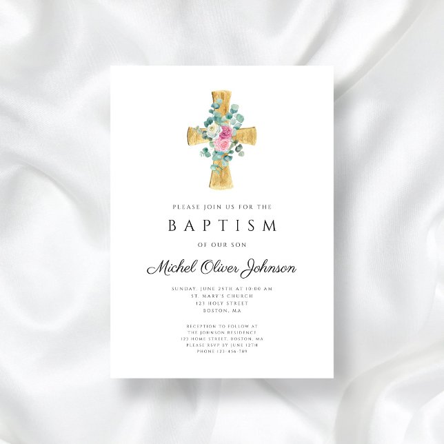 Invitación Elegantes personajes florales rosas cruzan el baut (Elegant Pink Floral Peonies Cross Baptism Invitation)