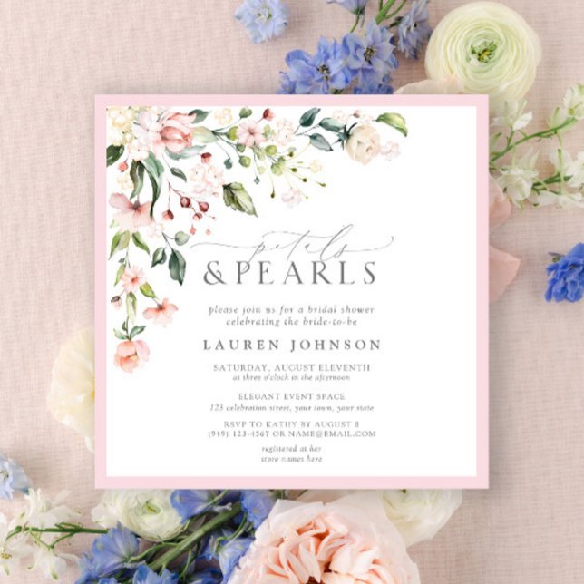 Invitación Elegantes Petals y Perlas Ducha Bridal Floral Rosa (Subido por el creador)