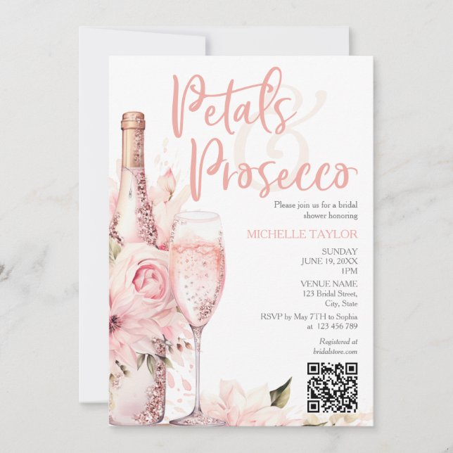Invitación Elegantes Petals y Prosecco Boho Rubor Código QR r (Anverso)