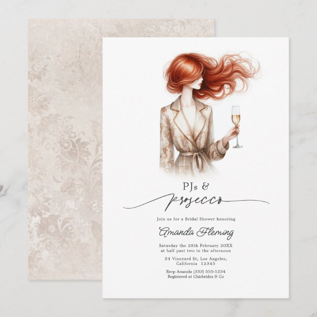 Invitación Elegantes pijamas y prosecco Despedida de soltera  (Anverso / Reverso)