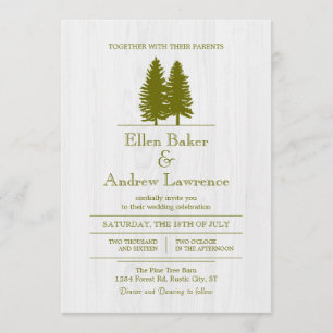 Invitación Elegantes pinos rústicos sobre fondo de madera bla