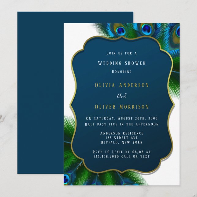 Invitación Elegantes plumas de pavo real y ducha de bodas de  (Anverso / Reverso)