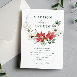 Invitación Elegantes Poinsettias de Acuarela Boda de Invierno