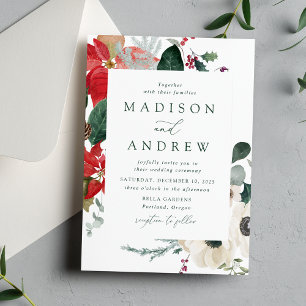 Invitación Elegantes Poinsettias de Acuarela Boda de Invierno