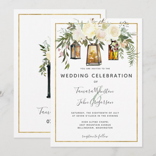 Invitación Elegantes polos blancos y linternas rusticas de or (Anverso / Reverso)