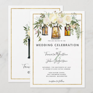 Invitación Elegantes polos blancos y linternas rusticas de or