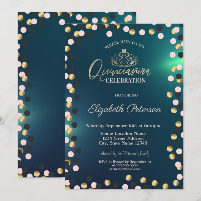 Invitación Elegantes puntos de oro, Quinceañera verde tiara (Anverso / Reverso)