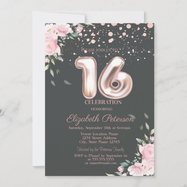 Invitación Elegantes puntos de oro Rosa, dulces florales 16 (Anverso)