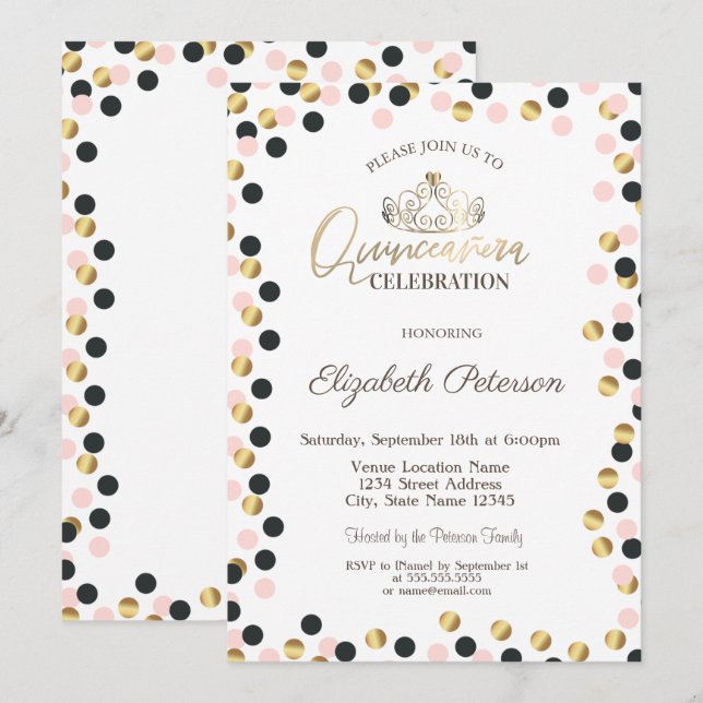 Invitación Elegantes puntos de oro, Tiara, Quinceañera (Anverso / Reverso)