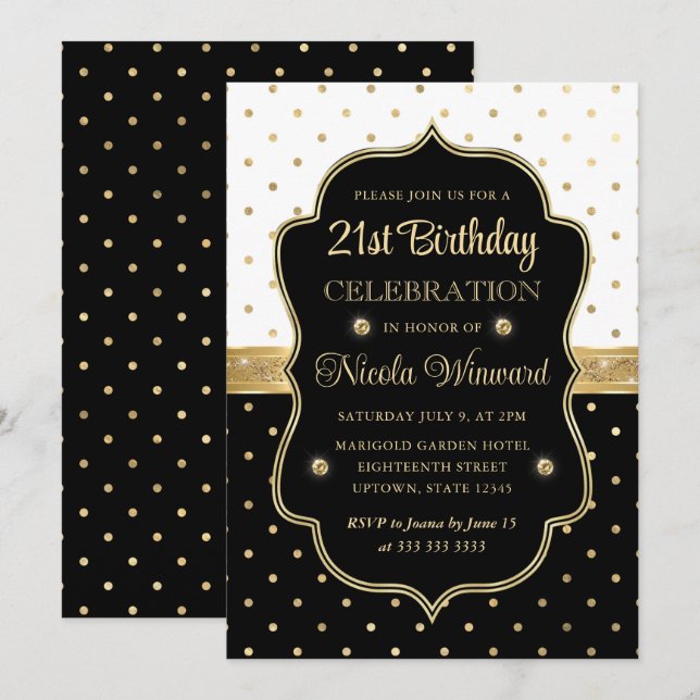 Invitación Elegantes puntos de Polka Blanco y Negro 21 cumple (Anverso / Reverso)