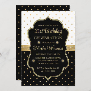 Invitación Elegantes puntos de Polka Blanco y Negro 21 cumple