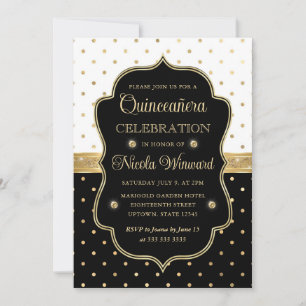 Invitación Elegantes puntos de Polka Blanco y Negro Quinceane