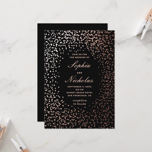 Invitación Elegantes puntos de polka dorada. Boda moderno neg (Anverso/Reverso In Situ)