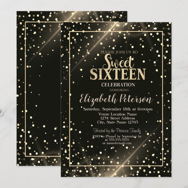Invitación Elegantes puntos de polka dorada, dulce negro 16 (Anverso / Reverso)