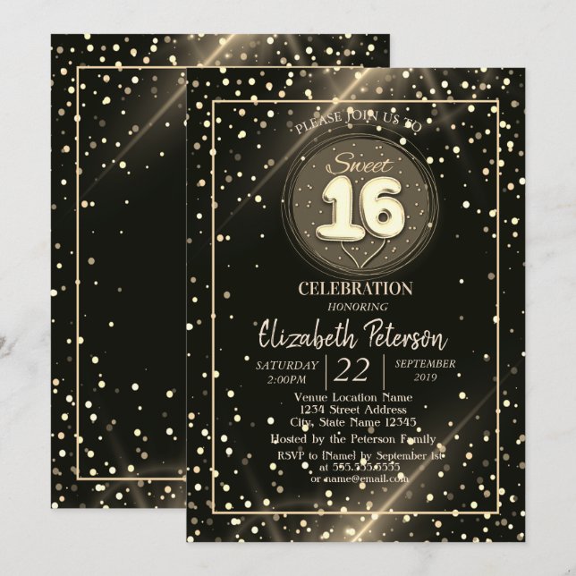 Invitación Elegantes puntos de Polka Dorada, dulces 16 Fiesta (Anverso / Reverso)
