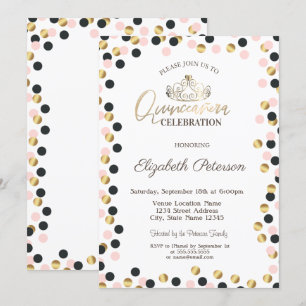 Invitación Elegantes puntos dorados, tiara, Quinceañera