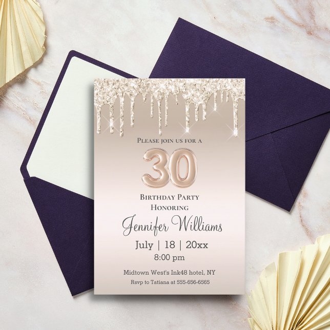 Invitación elegantes purpurinas de oro de 30 años (Subido por el creador)