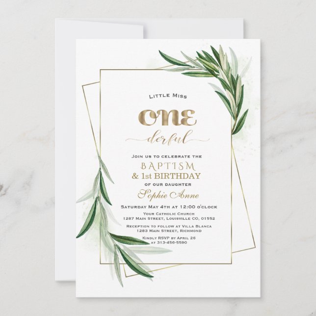 Invitación Elegantes ramas de Olivo Primer Cumpleaños y Bauti (Anverso)