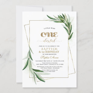 Invitación Elegantes ramas de Olivo Primer Cumpleaños y Bauti