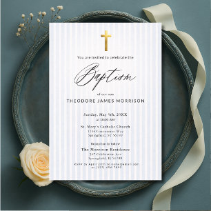 Invitación Elegantes Rayas Azules Cruz Dorada Bautizo Niño