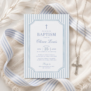 Invitación Elegantes Rayas Azules Niño Bautizo