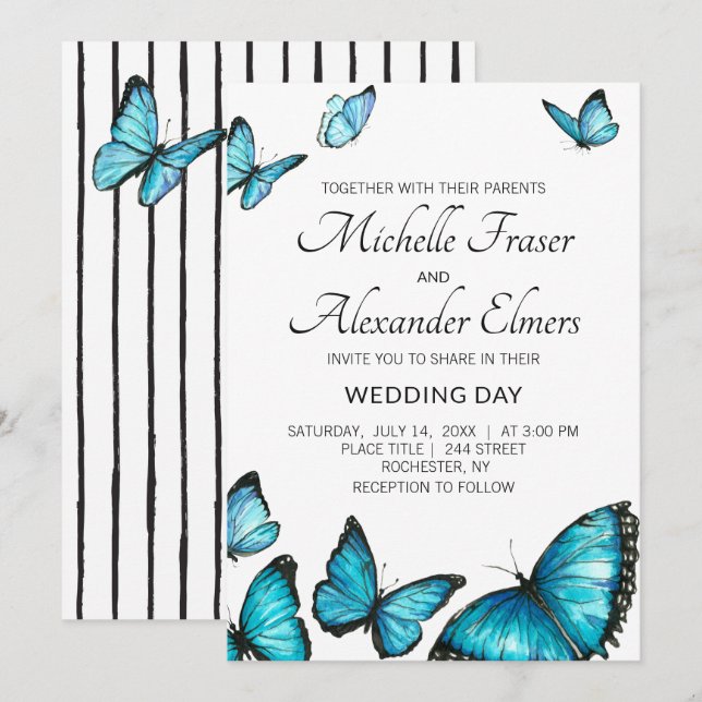 Invitación Elegantes rayas blancas negras. Boda de mariposas (Anverso / Reverso)