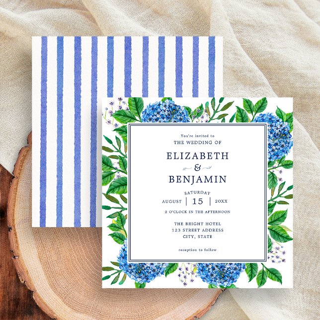 Invitación Elegantes rayas modernas azul Hydrangeas Boda (Front / Back)