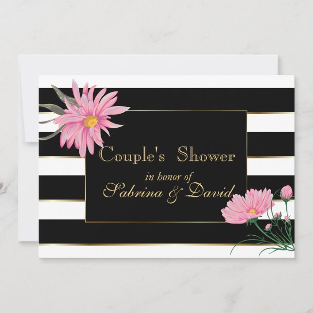Invitación Elegantes rayas negras Pink Floral Couple's Shower (Anverso)