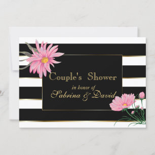 Invitación Elegantes rayas negras Pink Floral Couple's Shower
