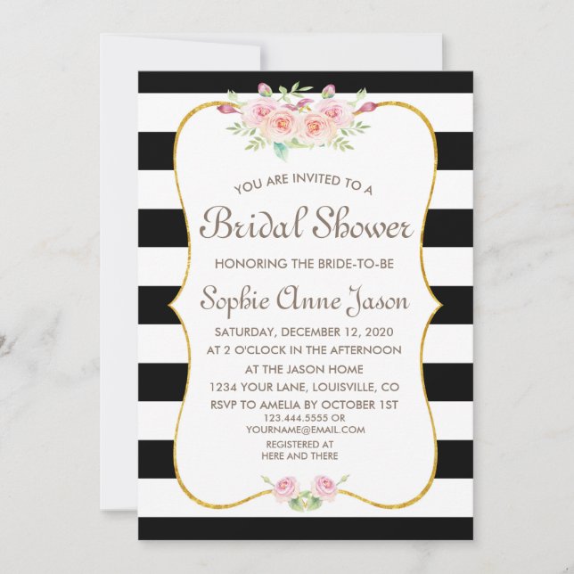 Invitación Elegantes rayas negras y blancas flor ducha de nov (Anverso)