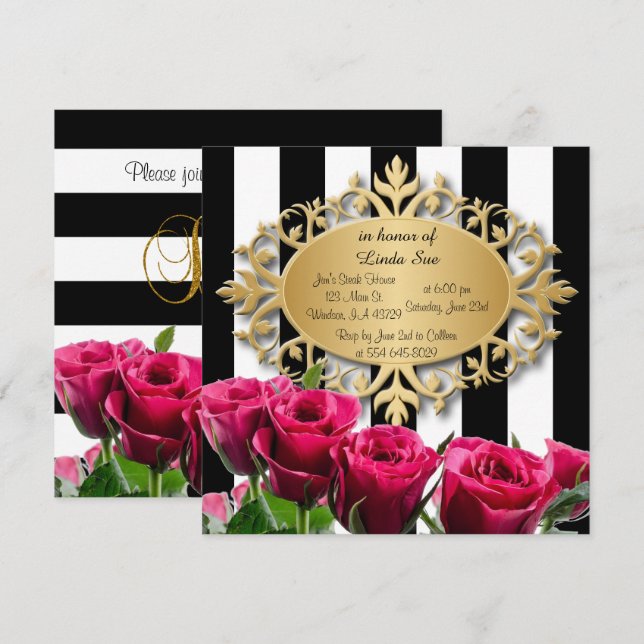 Invitación Elegantes rayas negras y blancas y rosas rosadas (Anverso / Reverso)