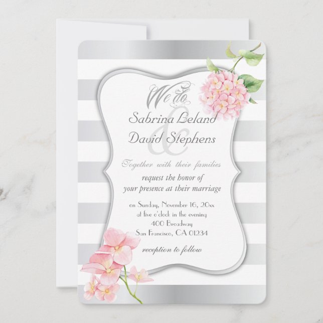 Invitación Elegantes rayas plateadas e hidráneas rosadas (Anverso)