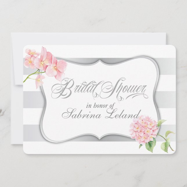 Invitación Elegantes rayas plateadas Floral Bridal Shower (Anverso)