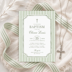 Invitación Elegantes Rayas Verde Salvia Bautizo Niño Niña