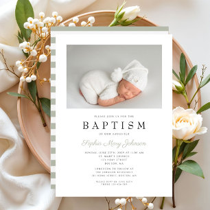Invitación Elegantes Rayas Verde Salvia Foto Bautizo
