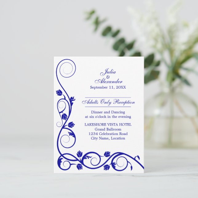 Invitación Elegantes Remolinos de Azul Real Recepción (Anverso de pie)