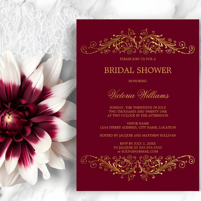 Invitación Elegantes Remolinos de Oro Vino de Burdeos (Elegant gold swirls invitation front view.  Gold and burgundy bridal shower invitation.)