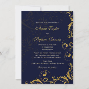 Invitación Elegantes remolinos florales de purpurina dorada f