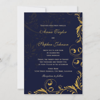 Invitación Elegantes remolinos florales de purpurina dorada f