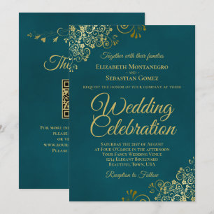 Invitación Elegantes rizos dorados en código QR azul turquesa