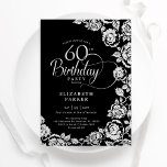 Invitación Elegantes Rosas 60 años de plata negra<br><div class="desc">Invitación floral de plata negra para la fiesta de cumpleaños número 60. Diseño elegante con rosas, Relieve metalizado falso plateado y tipo de letra de guión de tipografía. La carta de invitación a la moda es perfecta para una elegante celebración de cumpleaños femenina. Se puede personalizar a cualquier edad. Personaliza...</div>