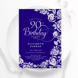 Invitación Elegantes Rosas 90 de cumpleaños de plata morada